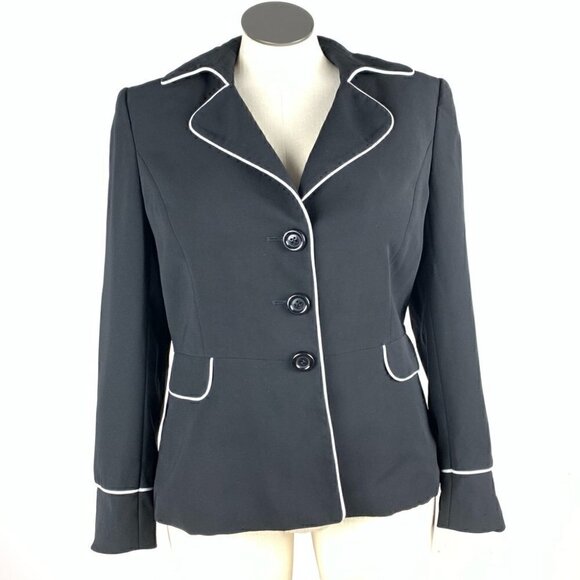 Tahari Womens blazer size 16 black white piping 3 button career Jacket - Picture 1 of 9